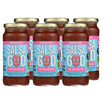 six jars of Salsa God salsa on a white background