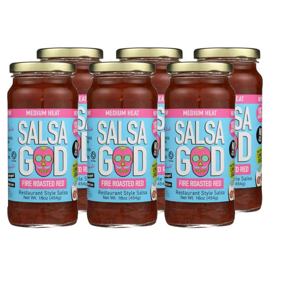 six jars of Salsa God salsa on a white background