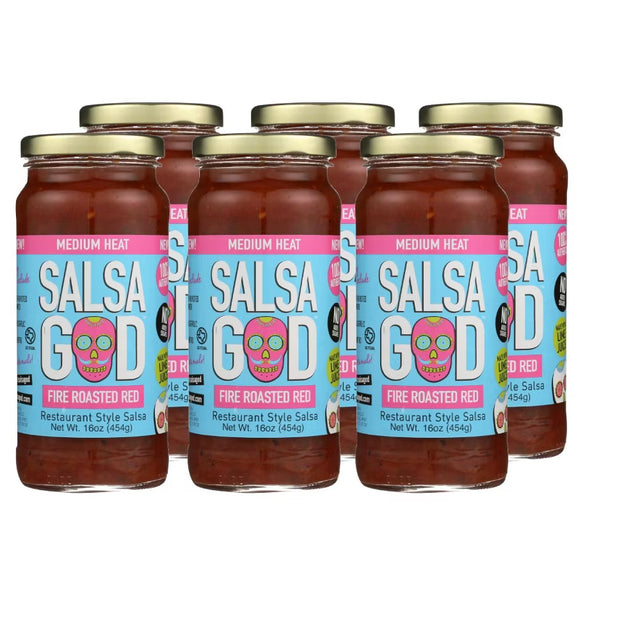 six jars of Salsa God salsa on a white background