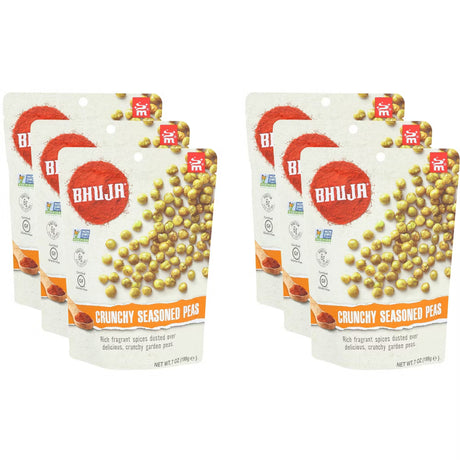 six packages of Bhuja Crunchy Seasoned Peas on a white background