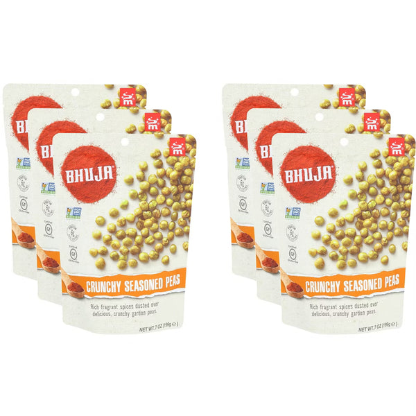 six packages of Bhuja Crunchy Seasoned Peas on a white background