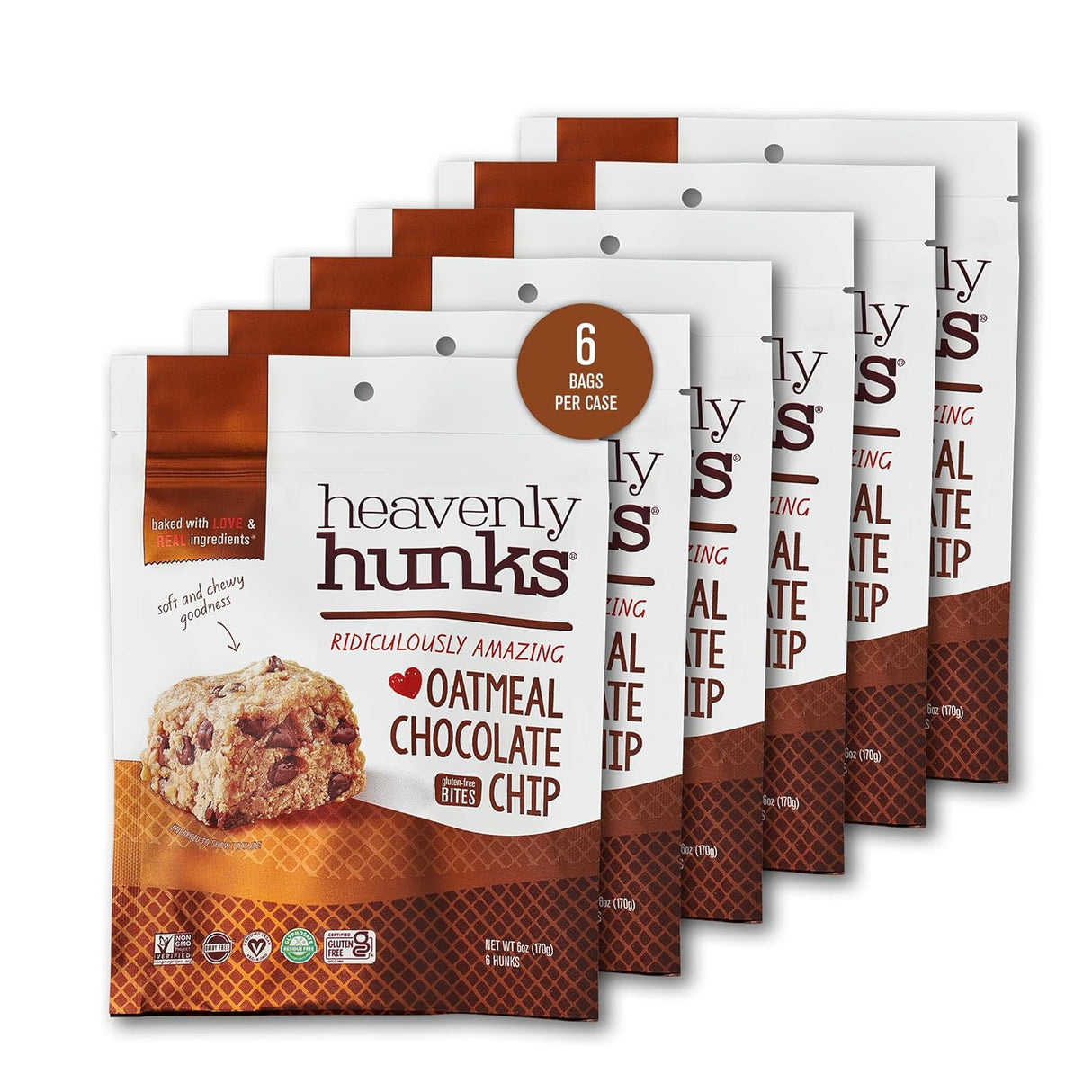 six packages of heavenly hunks oatmeal chocolate chip bites on a white background