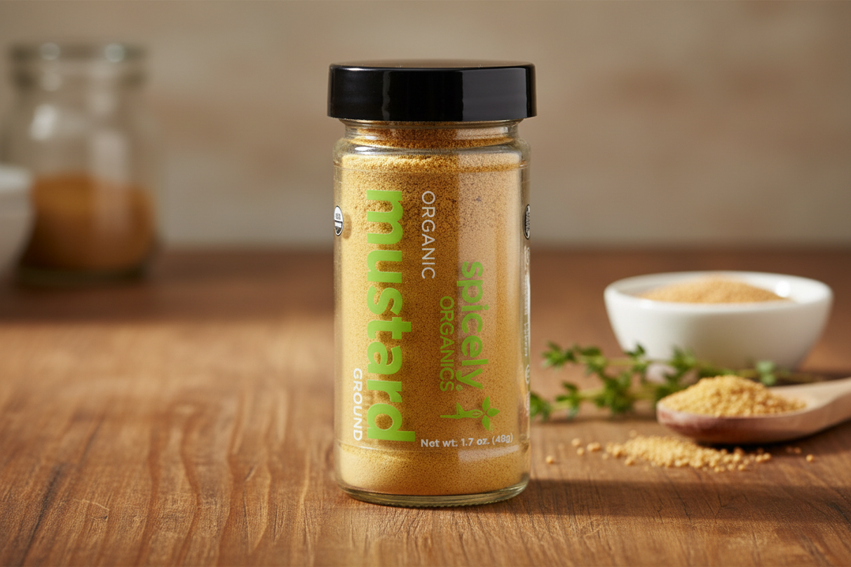 Spicely Organics Mustard Ground on Rustic Countertop