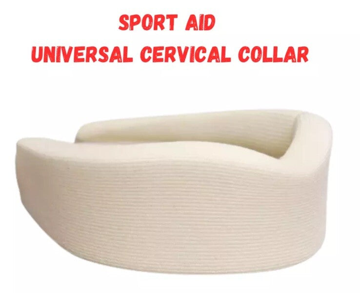 Beige cervical collar with 'Sport Aid Universal Cervical Collar' text in red on a white background