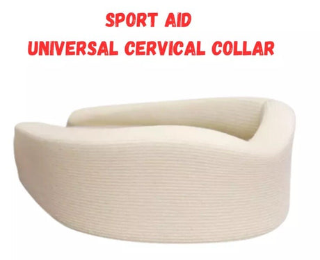 Beige cervical collar with 'Sport Aid Universal Cervical Collar' text in red on a white background