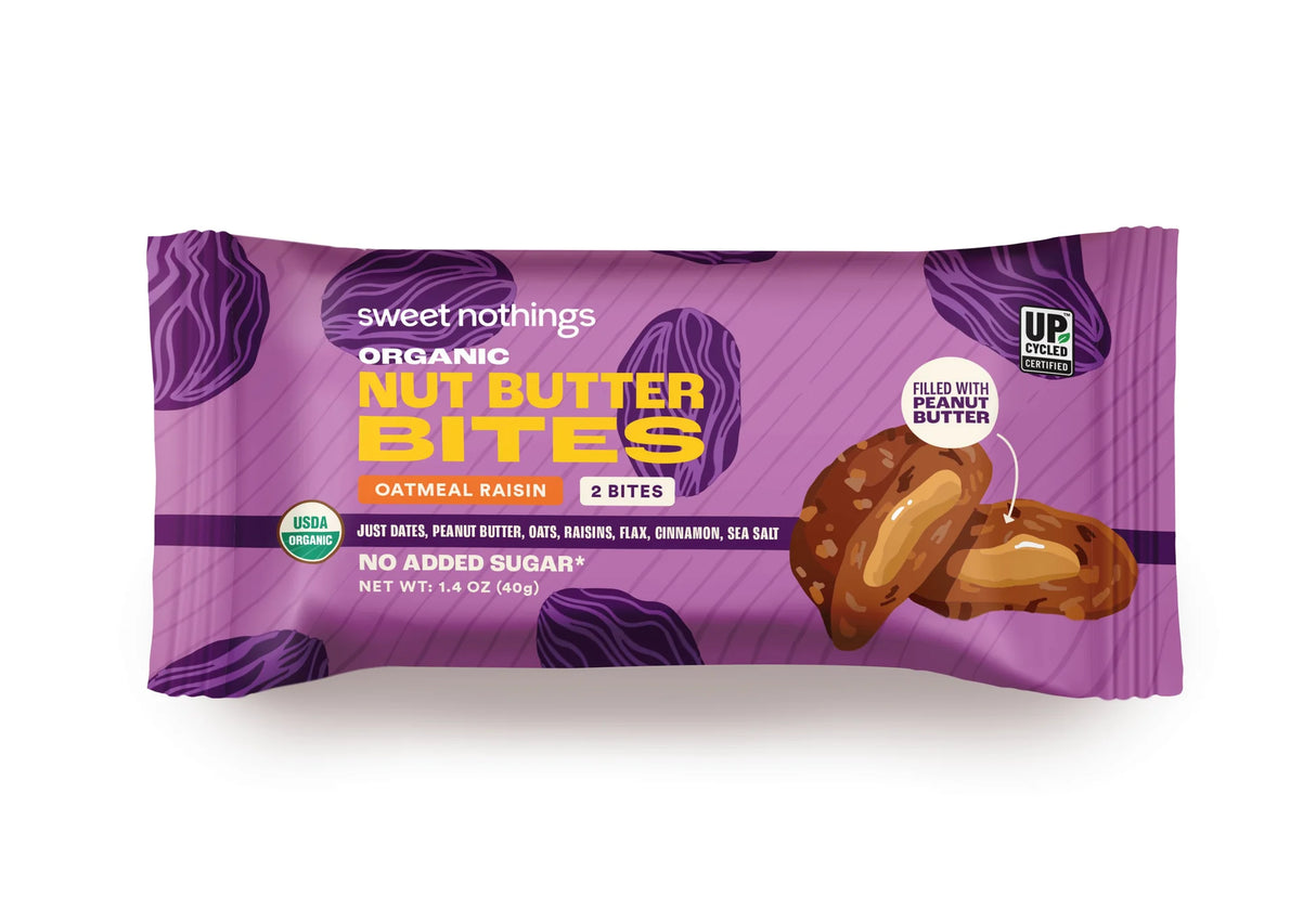 Sweet Nothings - Organic Oatmeal Raisin Peanut Butter Bites, 1.4 oz (Pack of 12) - Healthy Snack Bites