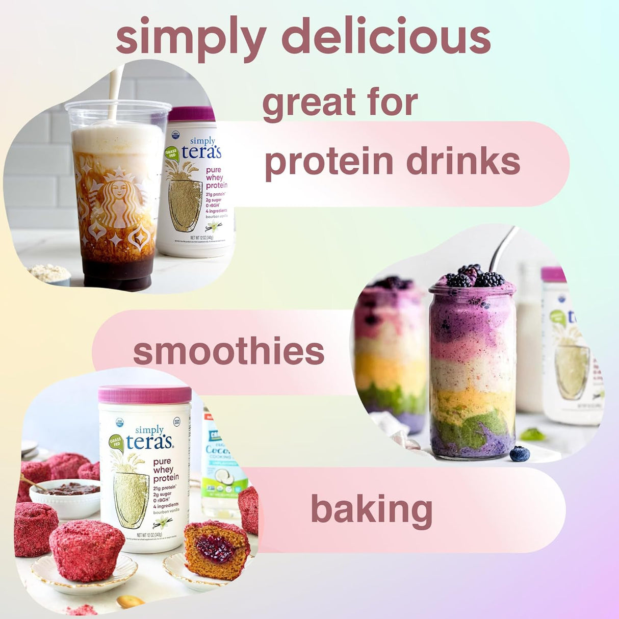 tera's protein powder with various uses including protein drinks, smoothies, and baking.