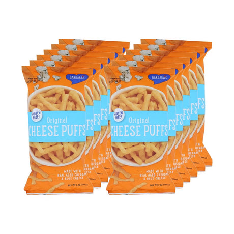 twelve packages of Barbara's Bakery Original Cheese Puffs with orange and blue packaging.