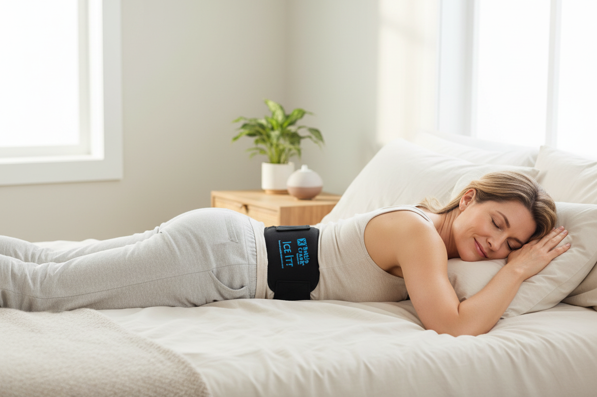 Woman using Ice It cold therapy system on lower back