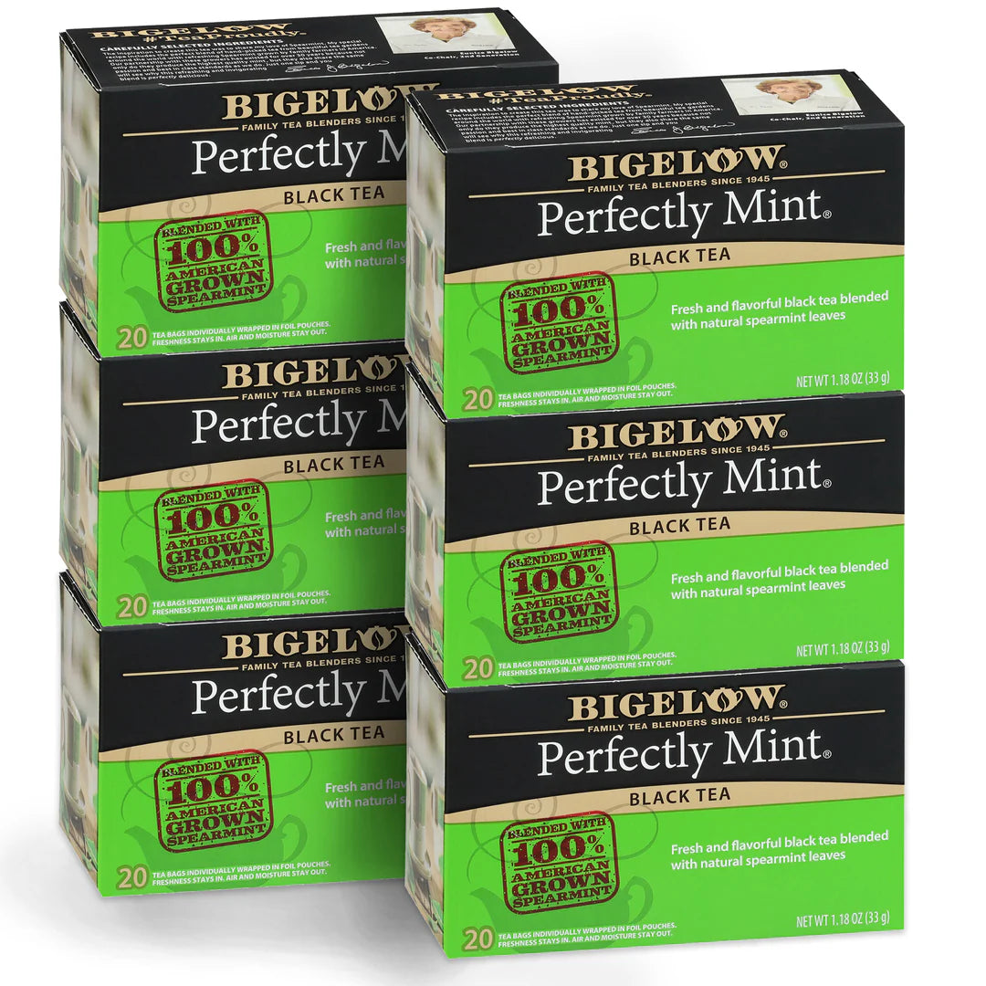 Stack of Bigelow Perfectly Mint Black Tea boxes on a white background