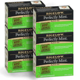 Stack of Bigelow Perfectly Mint Black Tea boxes on a white background