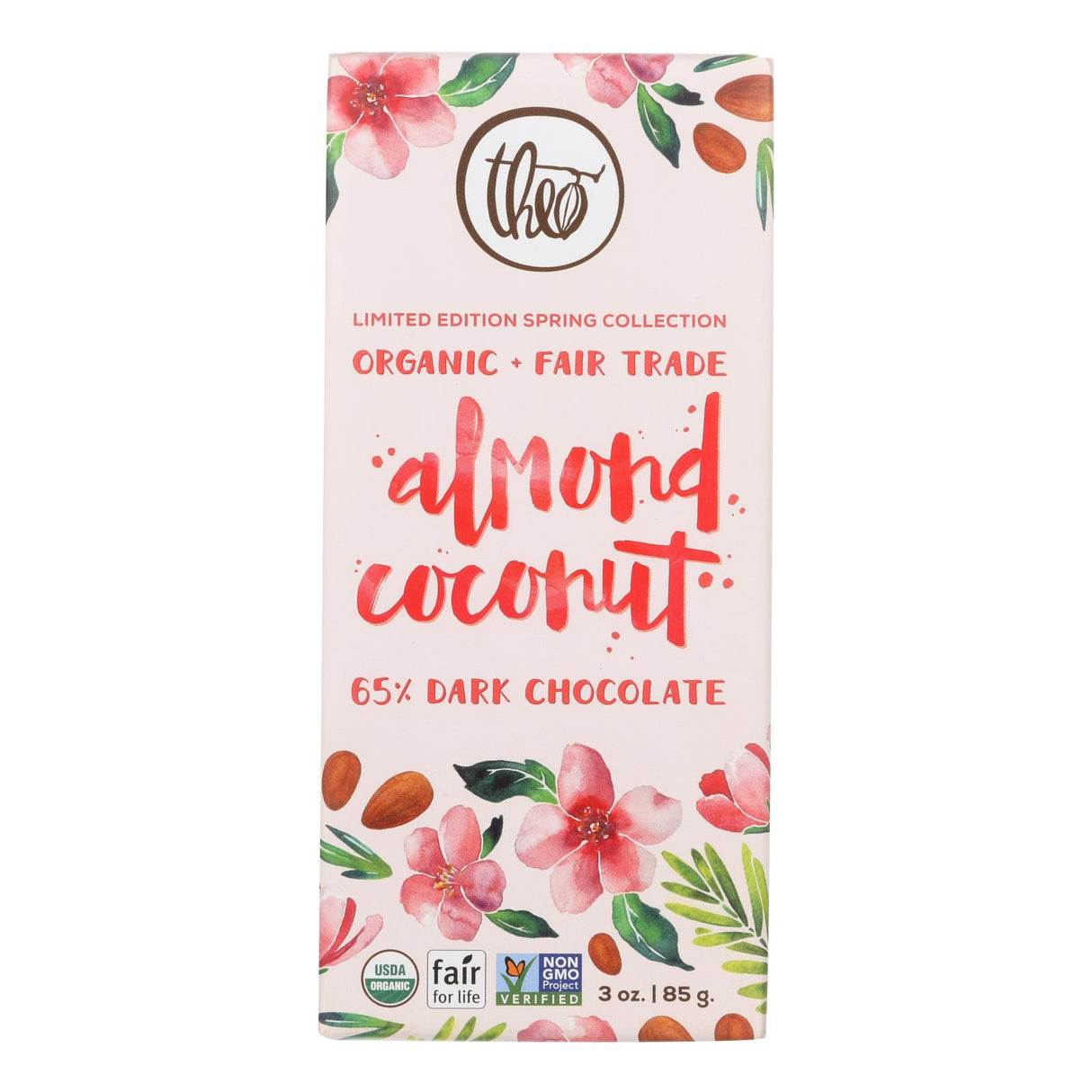 Theo Chocolate Almond Coconut - 65 Percent Dark Chocolate - Case Of 12 - 3 Oz. - Cozy Farm 