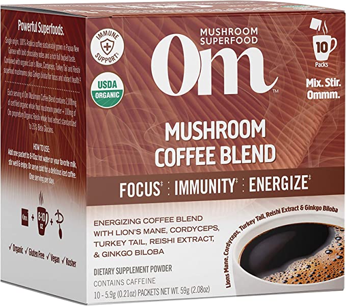 Om Mushroom Superfood Coffee Blend Mushroom Powder, Single Serve, 10 Count - Cozy Farm 