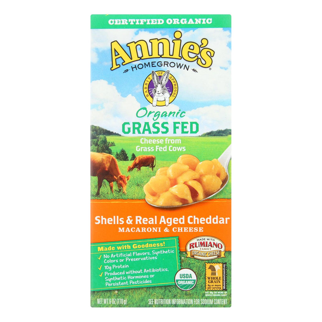 Annies Homegrown Organic Grass Fed Shells and Real Aged Cheddar Macaroni & Cheese - 6 Oz (Pack of 12) - Cozy Farm 