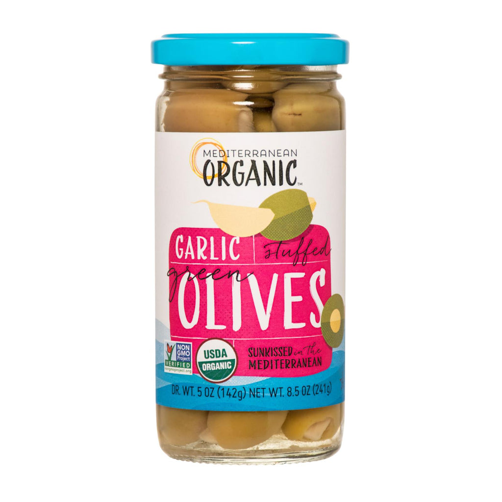 Organic Mediterranean Stuffed Green Olives with Garlic (Pack of 12 - 8.5 Oz.) - Cozy Farm 