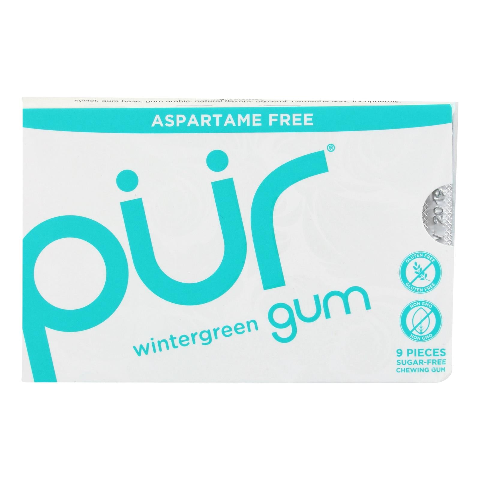 Pur Gum Wintergreen (Pack of 12) - Aspartame Free, 9 Pieces, 12.6g