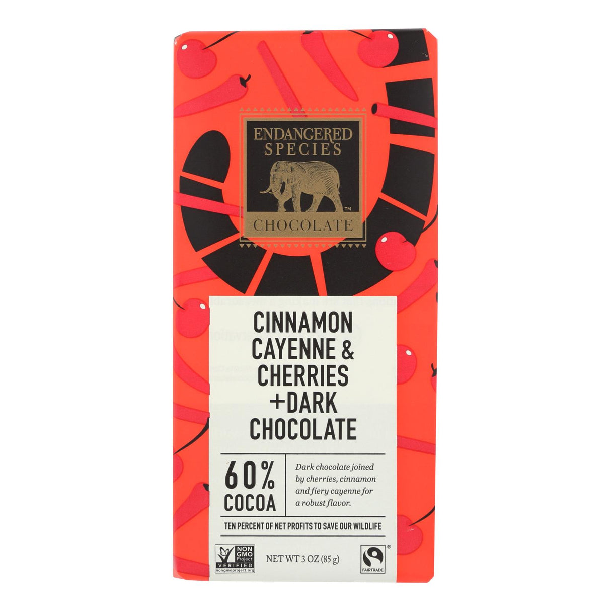 Endangered Species Natural Chocolate Bars (Pack of 12) - Dark Chocolate with 60% Cocoa, Cinnamon Cayenne and Cherries - 3oz Bars. - Cozy Farm 