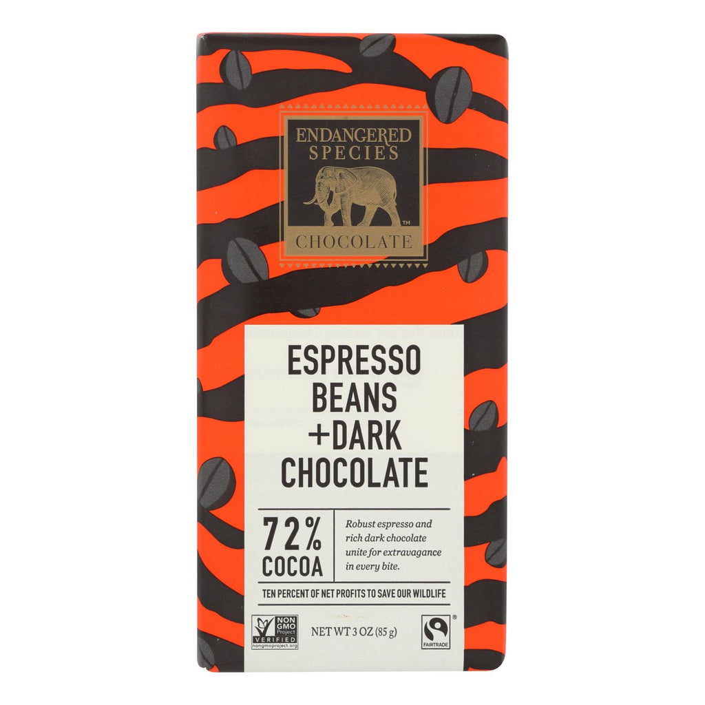 Endangered Species Natural Chocolate Bars (Pack of 12) - Dark Chocolate with 72% Cocoa, Espresso Beans and 3 Oz. Bars - Cozy Farm 