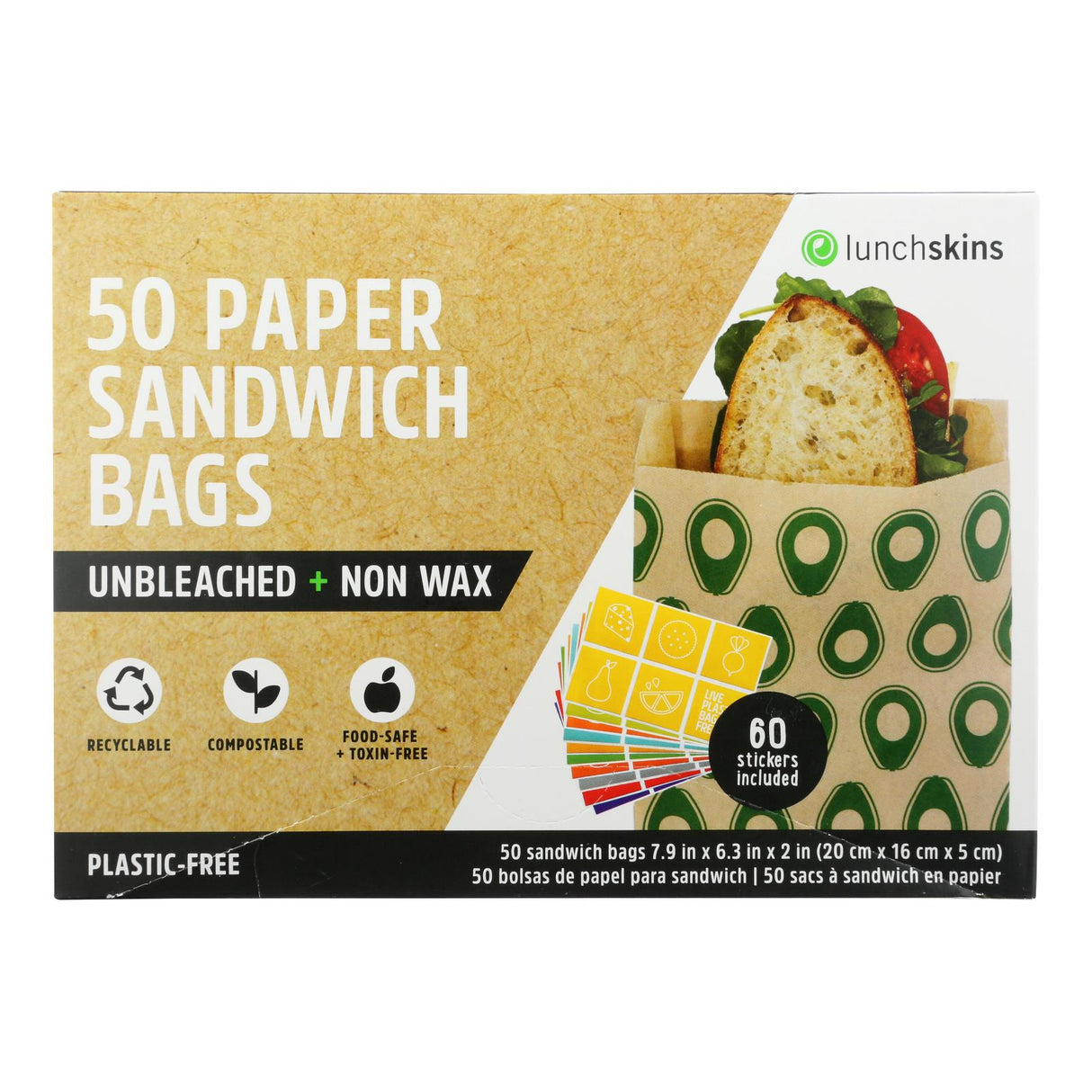Lunchskins Reusable Paper Avocado Sandwich Snack Bag - 50 Count - Pack of 12 - Cozy Farm 