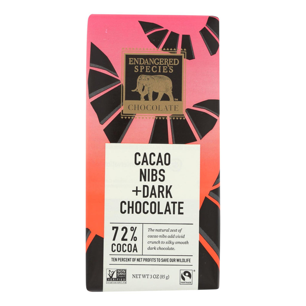 Endangered Species Dark Chocolate Bars (Pack of 12) - Natural, 72% Cocoa with Cacao Nibs - 3 Oz. - Cozy Farm 