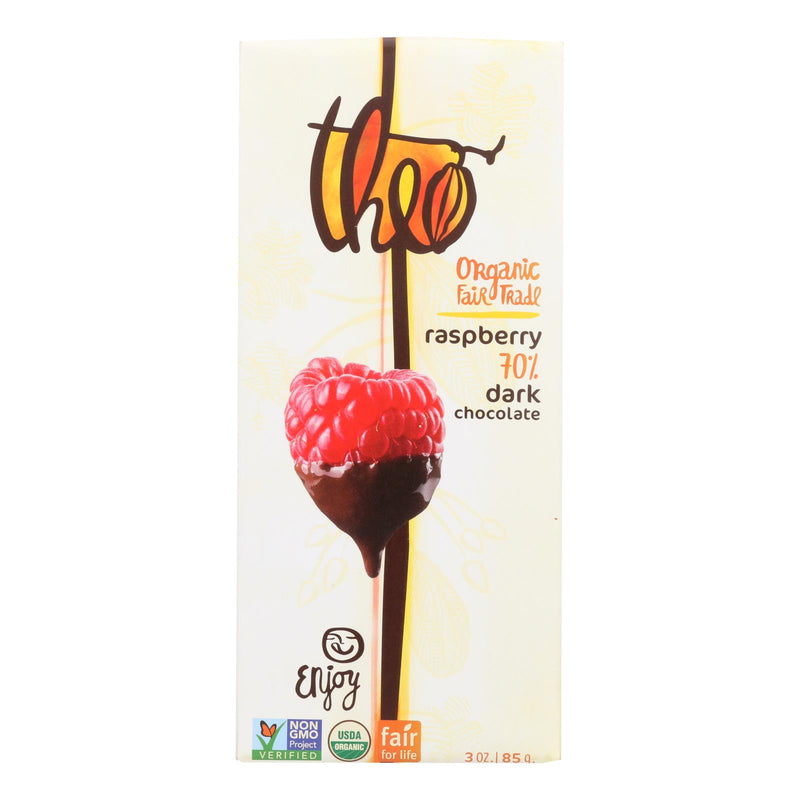 Theo Chocolate Organic Chocolate Bar - Classic - Dark Chocolate - 70 Percent Cacao - Raspberry - 3 Oz Bars - Case Of 12 - Cozy Farm 