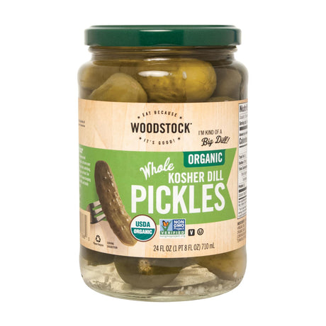 Woodstock Organic Kosher Whole Dill Pickles, 6-Pack of 24 Oz. Jars - Cozy Farm 