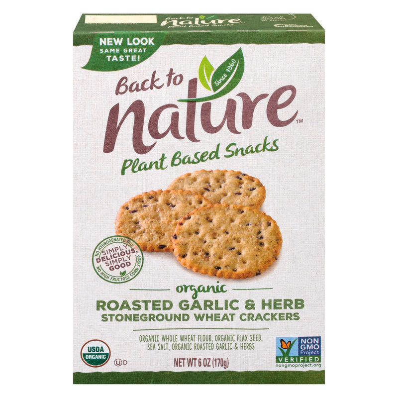 Back to Nature Stoneground Wheat Crackers with Roasted Garlic & Herb (Pack of 6 - 6 Oz.) - Cozy Farm 