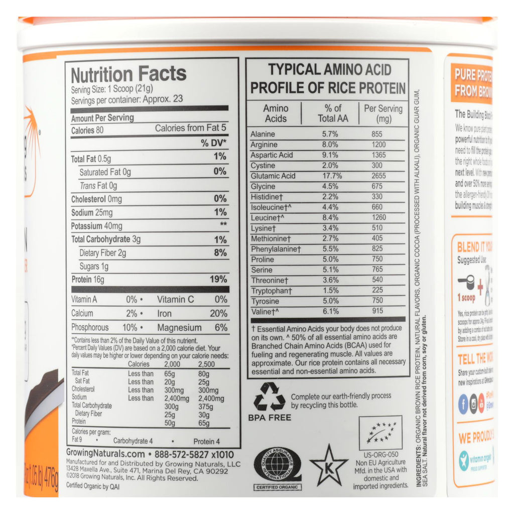 Growing Naturals Organic Chocolate Rice Protein Powder - 16.79 Oz. - Cozy Farm 