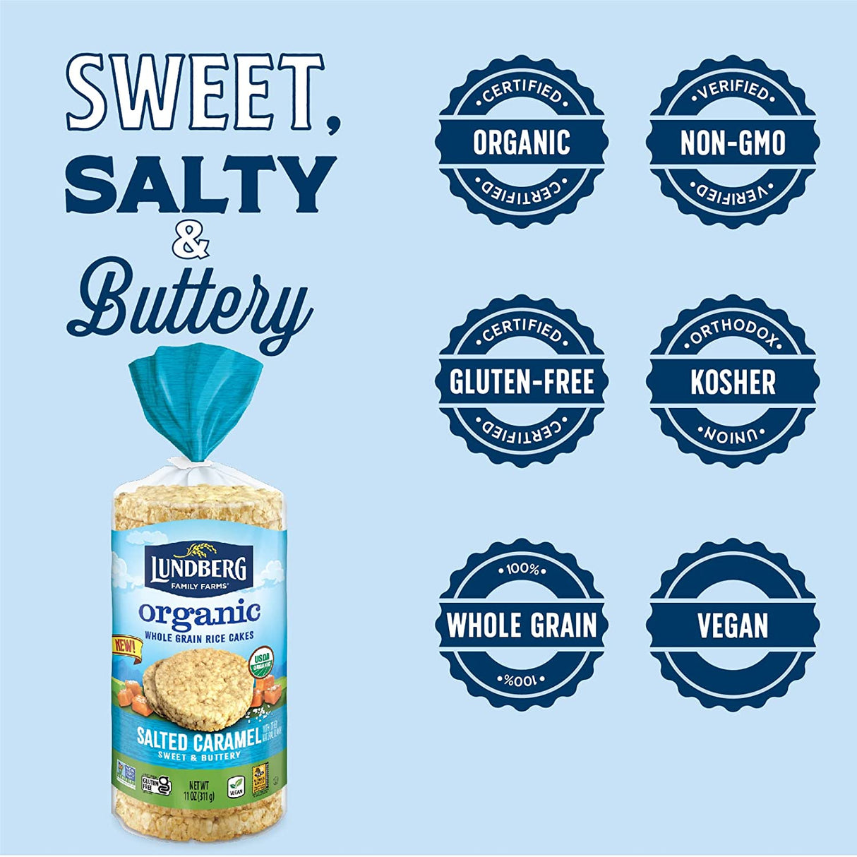 Lundberg Family Farms Rice Cakes, Salted Caramel, 6 - 11 oz Packages - Cozy Farm 
