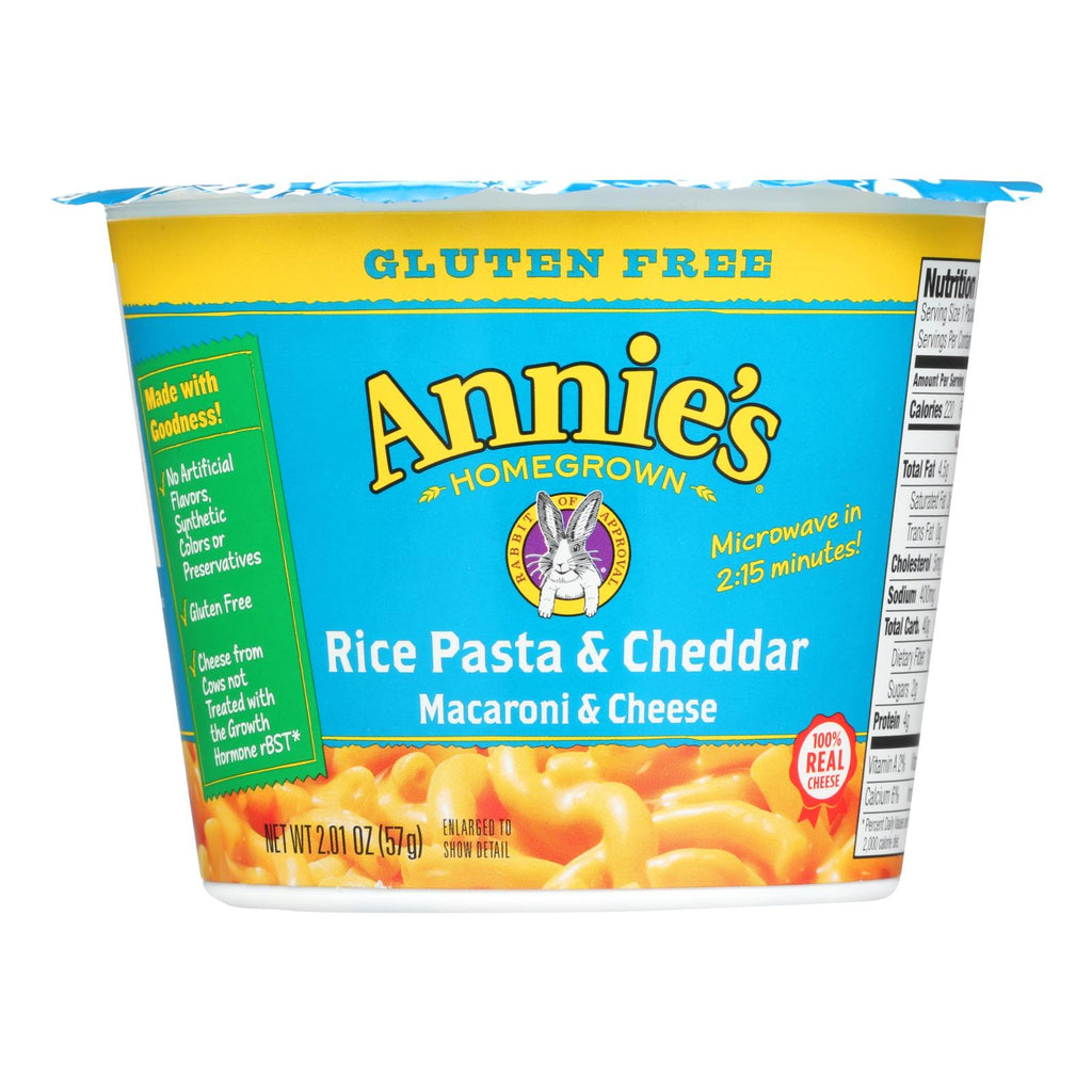 Annie's Homegrown Gluten Free Rice Pasta And Cheddar Microwavable Mac And Cheese Cup - Case Of 12 - 2.01 Oz. - Cozy Farm 