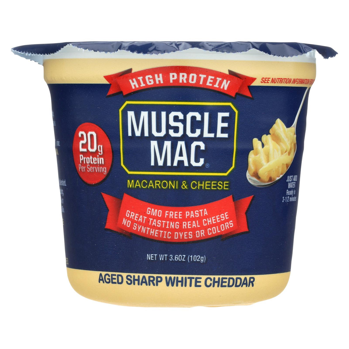 Muscle Mac High Protein Aged Sharp White Cheddar Macaroni & Cheese  - Case Of 12 - 3.6 Oz - Cozy Farm 