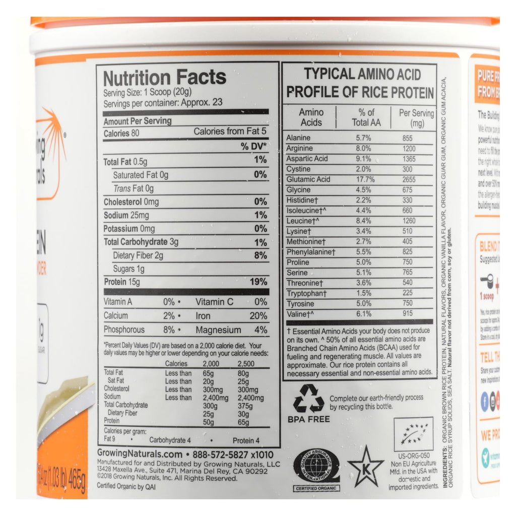 Organic Raw Rice Protein - Vanilla Blast  - 16.4 Oz - Cozy Farm 