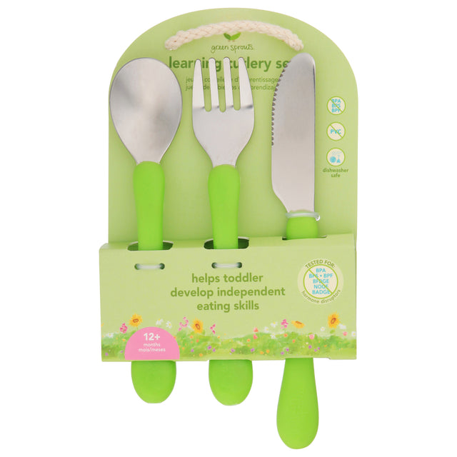 Green Sprouts Cutlery Training Set for Toddlers, 12+ Months, 3-Piece Infant Feeding Set (One Fork, One Spoon, One Knife) - Cozy Farm 